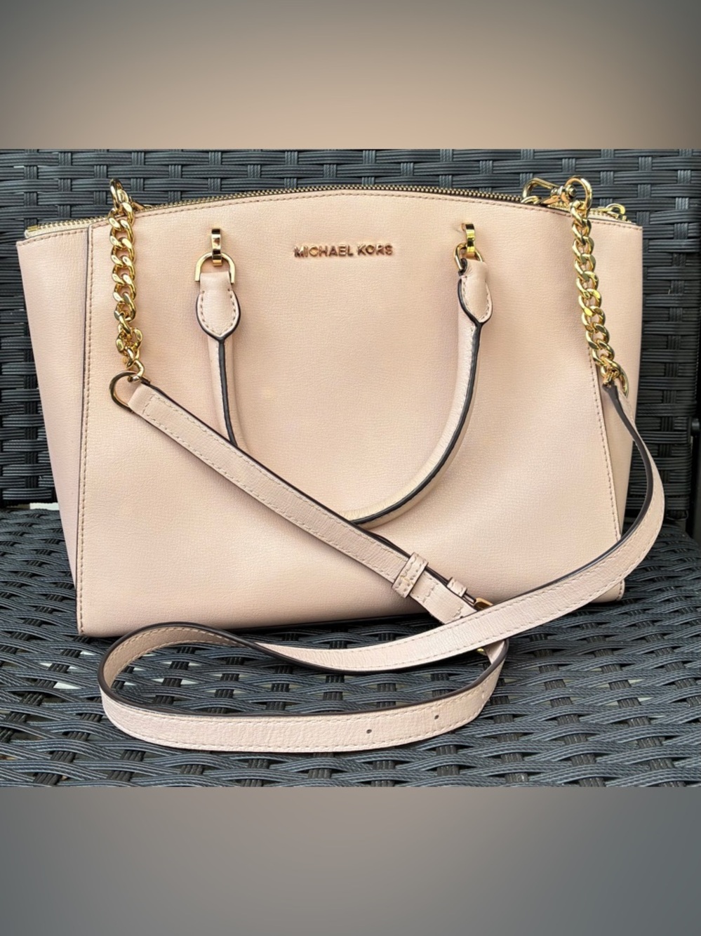 Michael Kors Blush Leather Crossbody Satchel with Gold Chain